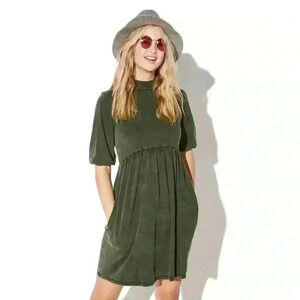 Juniors' Large Olive Green Vylette™ Puff-Sleeve Babydoll Dress pockets mockneck